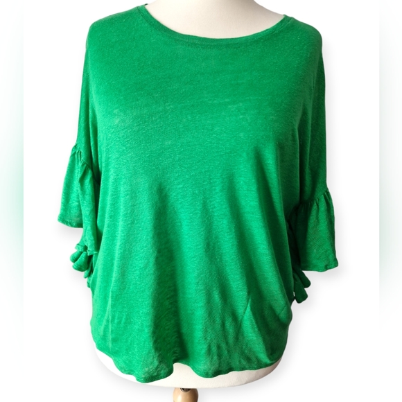 Zara Green 100% Linen Ruffle Sleeve Round Neck Knit Blouse Top Size Large - Picture 3 of 10